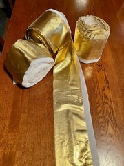 GOLD 4 Way Stretch Vinyl Fabric: Maybe 54 YARDS LONG ( 4″ wide-Ruffles Project?)