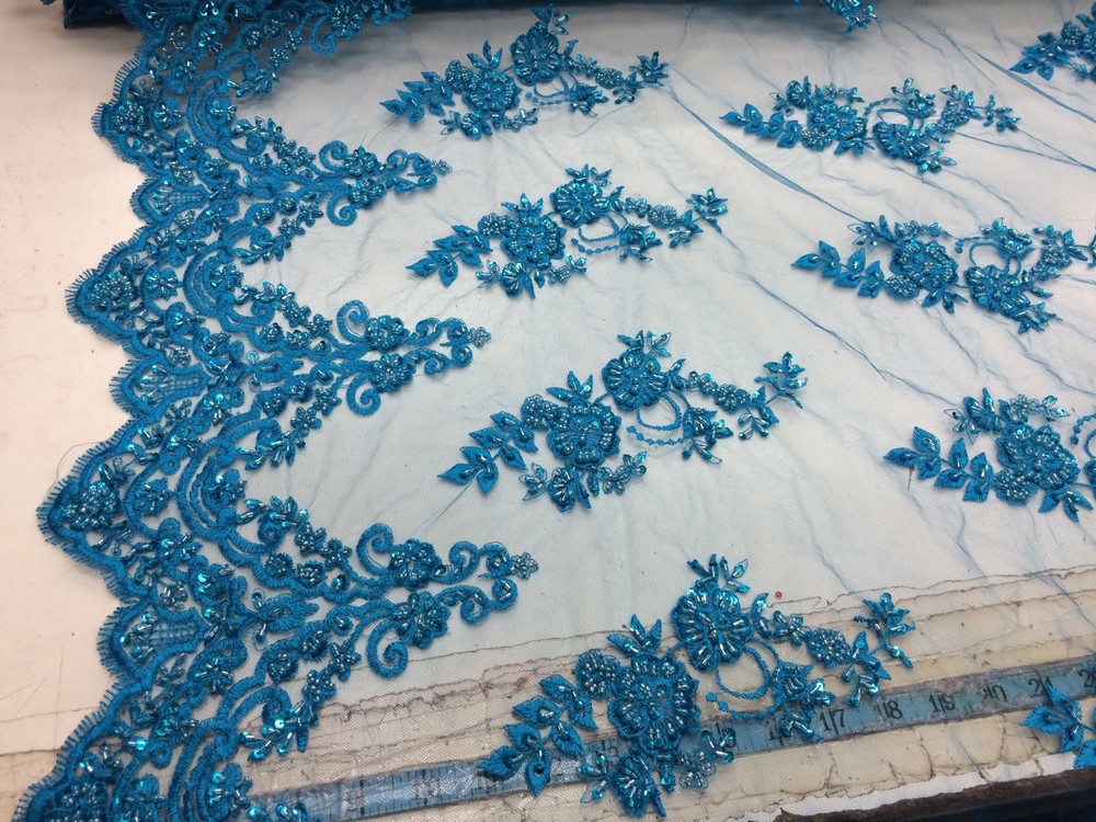 Elegant Turquoise Hand Beaded Mesh Lace.Wedding/Bridal Beaded Fabric.36x50inches