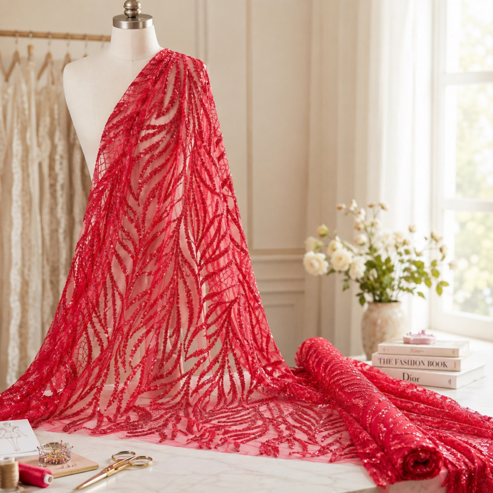 Red Sequin Beaded Mesh Lace Fabric Sheer Tulle Leaf Vine Bridal Gown Couture 56″