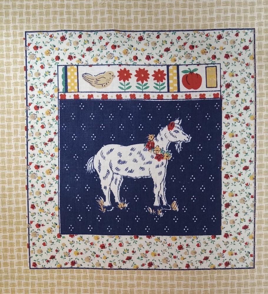 Vtg~Ameritex~”Farmhouse Friends”~”Goat w/Flowers”~Cotton Fabric Panel~ 6.75″x7″