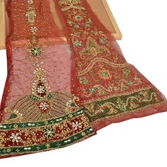Sanskriti Saskriti Vintage Combo Of Design Fabric Hand Beaded Craft Dark Red Dre