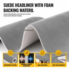 Headliner Fabric 108″ L x 60″ W Foam Backing for Car Truck RV SUV Boat Gray