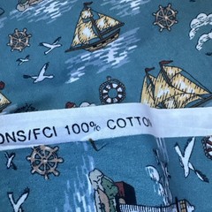 1995 100% Cotton Lighthouse And Sailboat Nautical Fabric On Teal Background 4 Yd