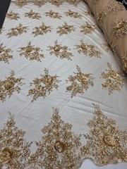 Gold 3d Lace Embroidered 3d Floral Beaded Fabric Sold By The Yard Scalloped