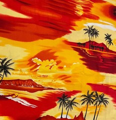 VNTG HAWAIIAN TROPICAL COTTON FABRIC BEACH SCENE OCEAN PALM TREES 1 YD 10″ X 44″
