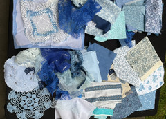 Fabric Scrap Bundle Blue Junk Journal Slow Stitch Lace Embroidery Sewing Vintage