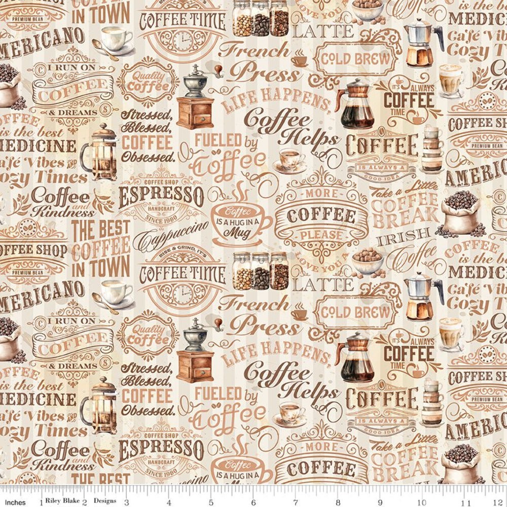 Coffee Time Text Cream Fabric by the Yard or Fat Quarter – Riley Blake Designs
