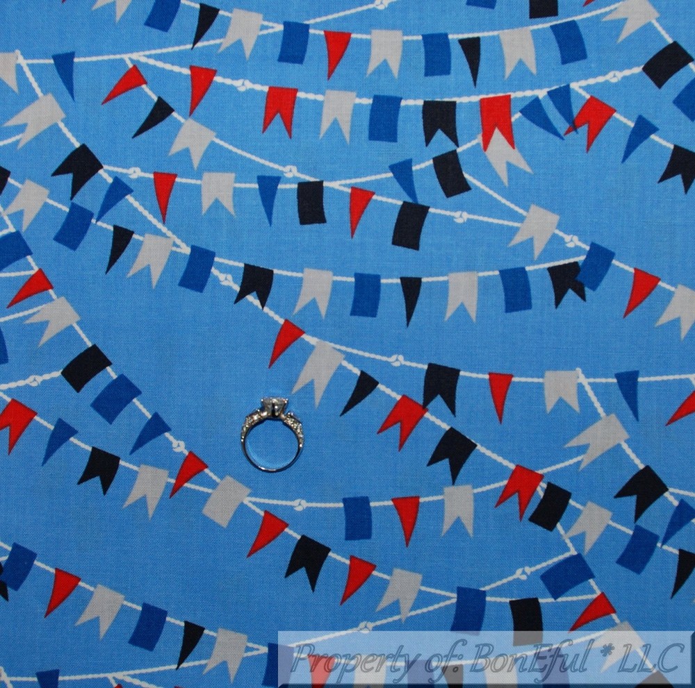 BonEful FABRIC FQ Cotton Quilt Blue Red White American Flag Nautical Rope Boy US