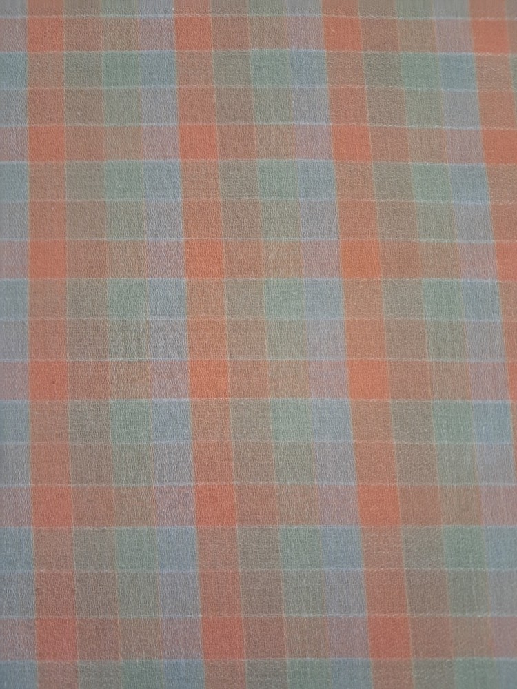 VTG Pastel Crepe Checked Plaid Fabric 44″ X 1-3/4 yds Peach, Mint, Aqua.