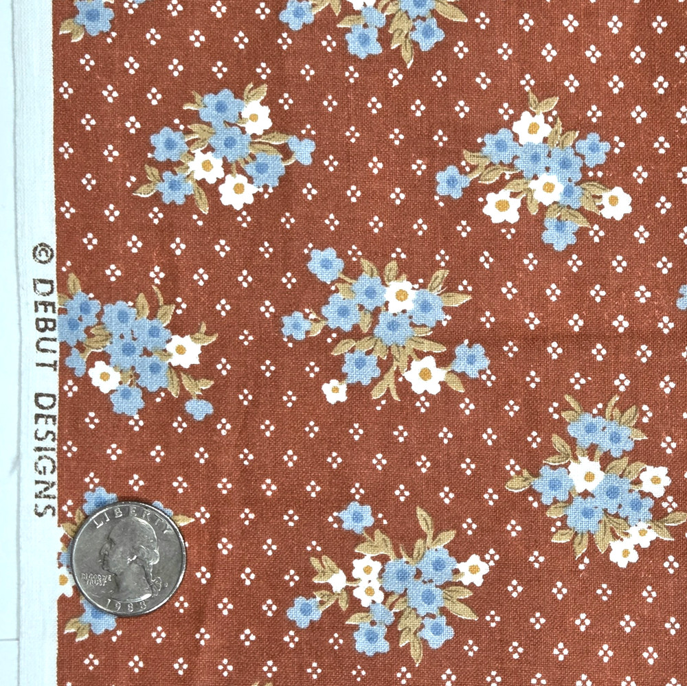 VTG Nosegays On Birdseye Blue White On Rust Debut Designs Cotton Fabric 2.7 YDS