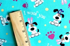 BTY*FACE MASKS*I WOOF YOU DOG & PAW PRINTS ON TURQUOISE 100% COTTON FABRIC 44X36