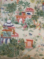 Thibaut – Pagoda Trees Fabric – 3 Yards in Coral & Green New Off the Bolt