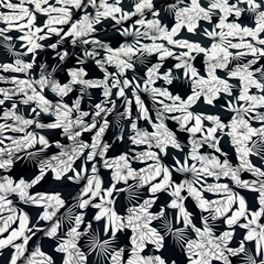Spandex Fabric 4 way Stretch White & Black Flowers Print by Yard for Swimwear