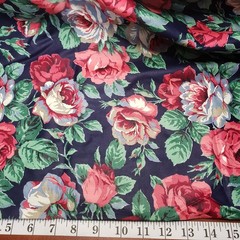 Vtg Cranston Print Works Cotton Roses Large Floral Red Blue White