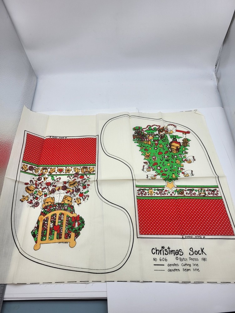 Vintage 1981 Teddy Bear stocking fabric patch press Christmas Sock