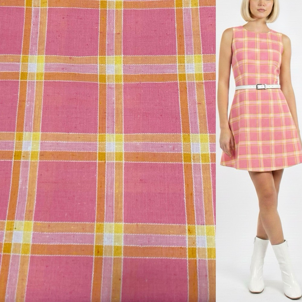 Vintage 60’s or 70’s Pink Yellow Orange Plaid 81”x35” Checkered Fabric