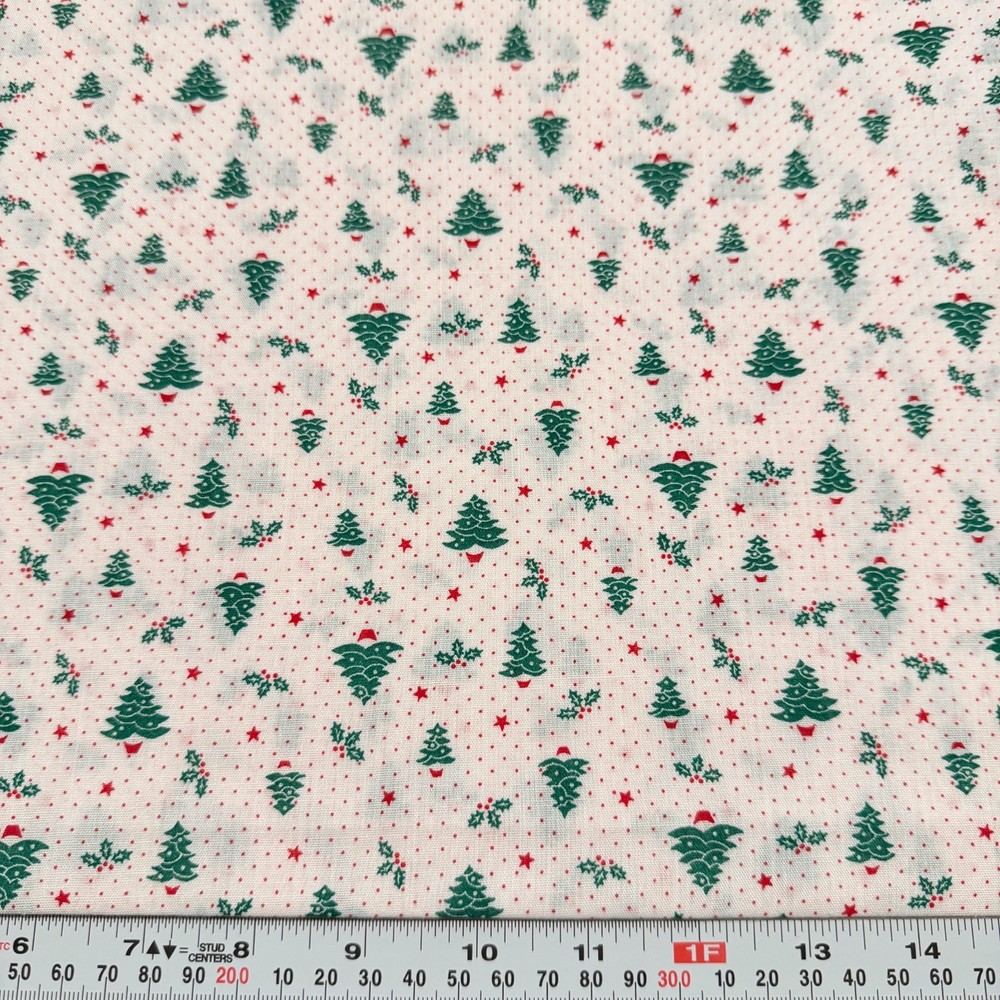 Vintage Wamsutta Christmas Trees Stars Pin Dots Cotton Blend Remnant 11″ x 44″
