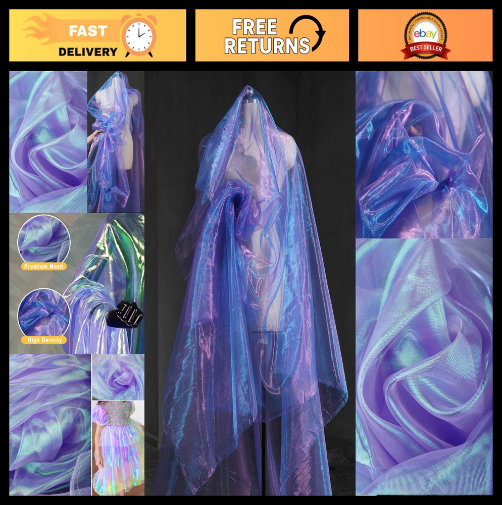 3.3 Yards Purple Organza Fabric, Holographic Iridescent, 59″ Wide for Weddings,