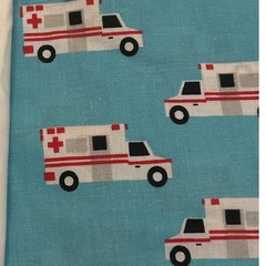 Ambulance Print and Solid White Cotton Fabric Bundle 2.52 Total Yards Teal Red