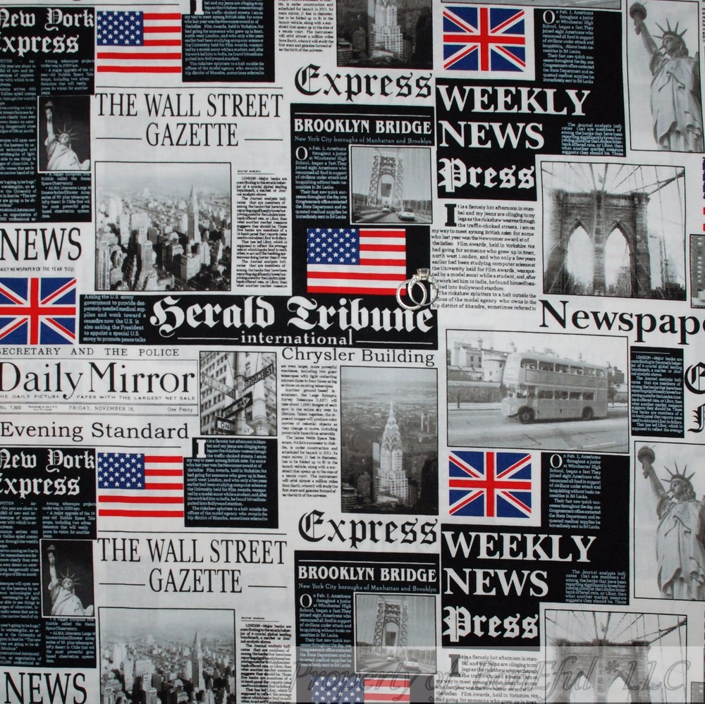 BonEful Fabric FQ Cotton Quilt VTG Block London UK Flag British USA Newspaper US