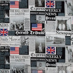 BonEful Fabric FQ Cotton Quilt VTG Block London UK Flag British USA Newspaper US