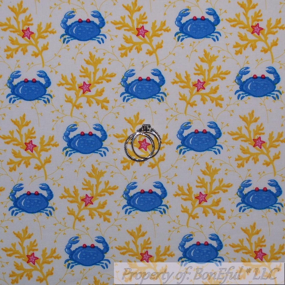 BonEful Fabric Cotton Quilt Blue Crab Ocean Sea Food Pink Star Stripe SALE SCRAP