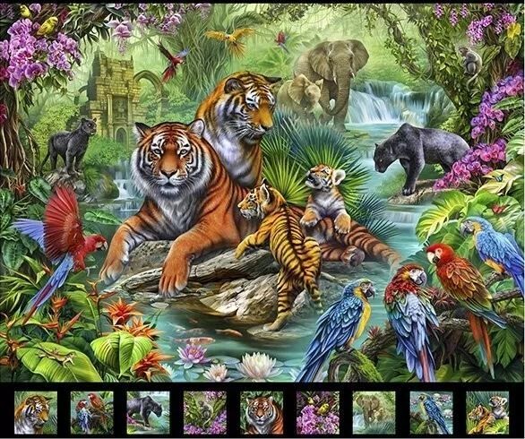 36″ X 44″ Panel Jungle Animals Block Jungle Paradise Cotton Fabric Panel D479.01