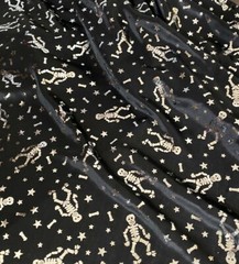 Halloween Fabric Skeletons Bones Stars on Black Silver Metallic Nylon Nice Drape
