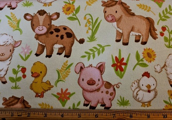 FABRIC TRADITIONS – FARM BABIES GRAZING on Green FLANNEL – by the HALF yd (18″)