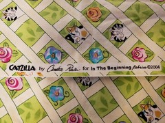 Cotton Fabric 40″ x 35″ Catzilla Cats Grid Green Flowers In The Beginning