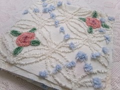 Pink Roses in Winter Vtg Chenille Bedspread Fabric Romantic Floral Dot 22″ x 20″