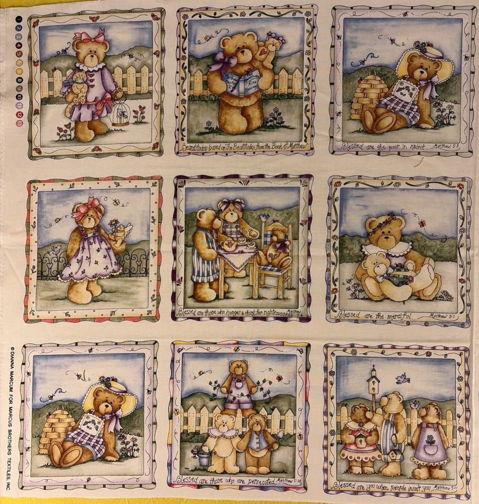 Vintage Dianna Marcum~Beatitude Bears Fabric~Religious~18 Quilt Blocks~6 1/2″ sq