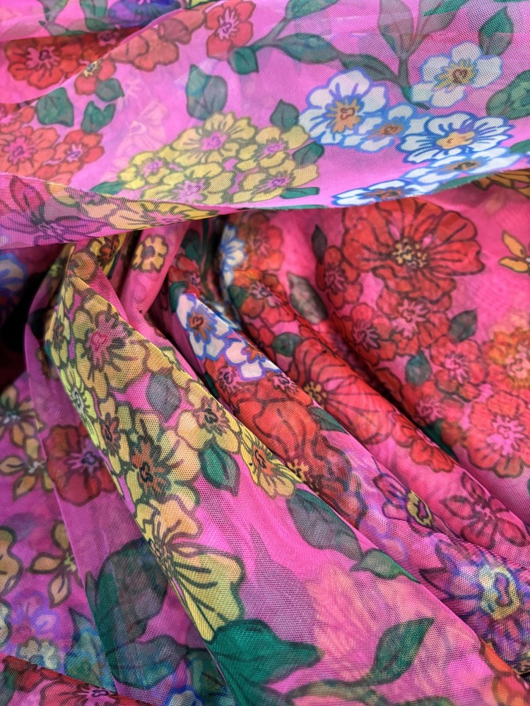Pink Floral Sheer Mesh Fabric 5 Yards x 62” Wide | Non-Stretch Polyester |