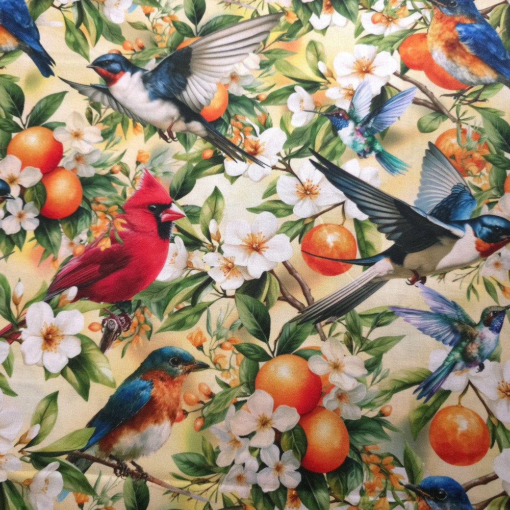 Good Fortune Birds Orange Blossoms Multi Cotton Fabric 44″ By The Yard