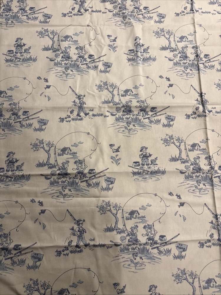 Toile Fabric, Blue Print Of Children Fishing On White Background 140”x45”