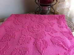 Fuchsia Pink Rose Vtg Woven Chenille Bedspread Fabric, Reversible Hobnail 20×25″