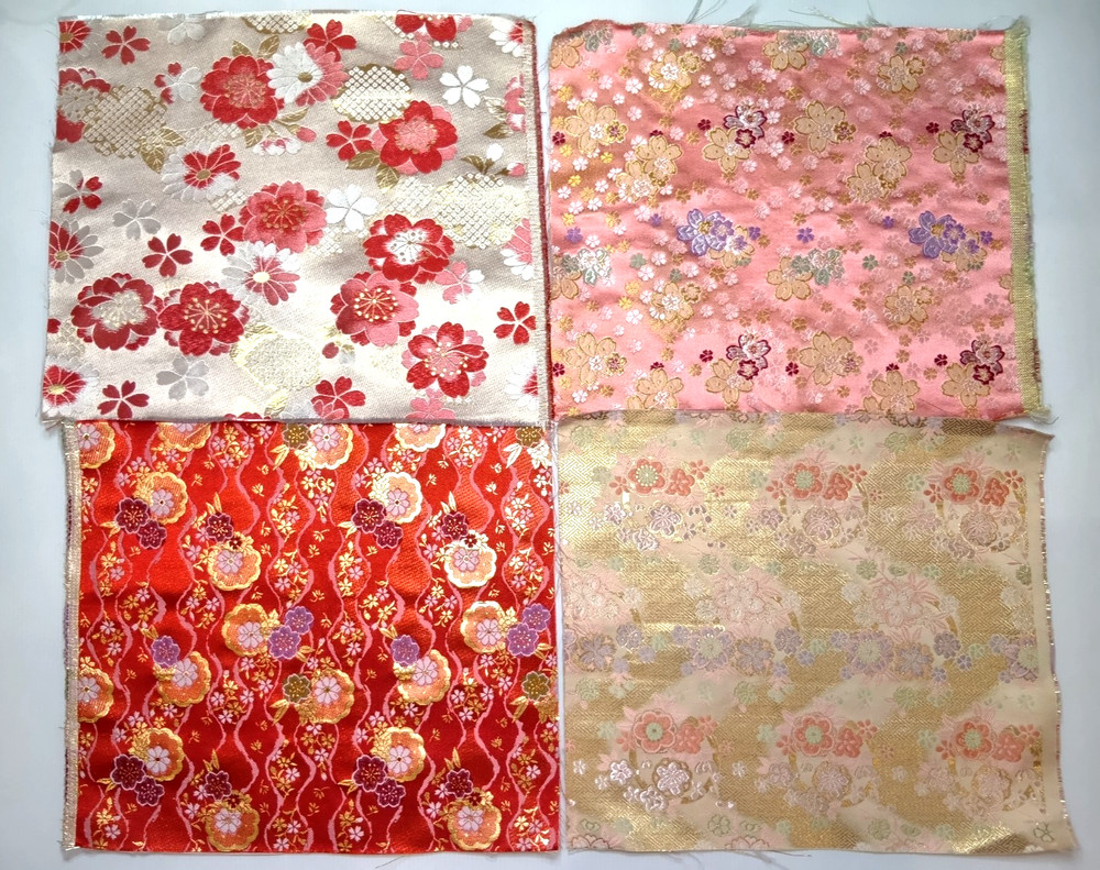 Japanese Kinran Brocade Fabric Sakura 4pcs Set 35×30cm Gold Traditional Kimono