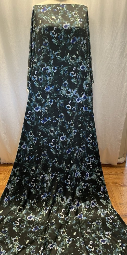 100% Floral Silk Charmeuse Deep Teal & Midnight Navy Blue 2Yards 23″ Long 54″ W