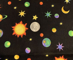 “Cosmos” Solar System Galaxy Fabric By R.E.D & Fabricland Vtg Black Yellow BTY
