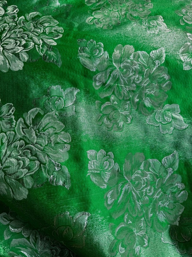 Kelly Green & Silver Floral – Faux Silk Brocade Jacquard Fabric