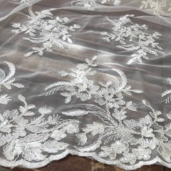 Callie WHITE Polyester Floral Corsage Embroidery on Mesh Lace Fabric by the Yar