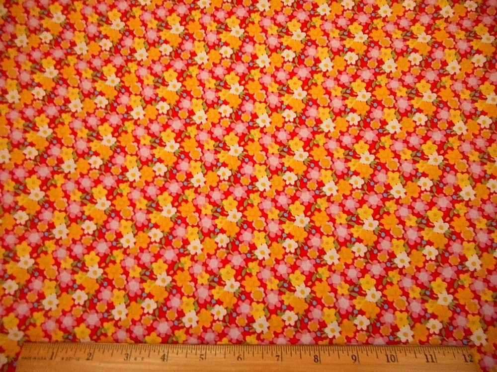 Floral Fabric By Yard SALE Yellow Pink Blue White Green on Red Premium Cotton #C