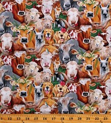 Cotton Happy Farm Animals Cows Sheep Dogs Goats Fabric Print by the Yard D371.59