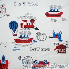 BonEful Fabric FQ Cotton Quilt VTG Antique Old World Blue Red White Boat Horse S