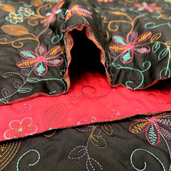 Embroidered Quilted Black/Fuchsia Poly Nylon Padded Fabric Lot of 2 Yards $20