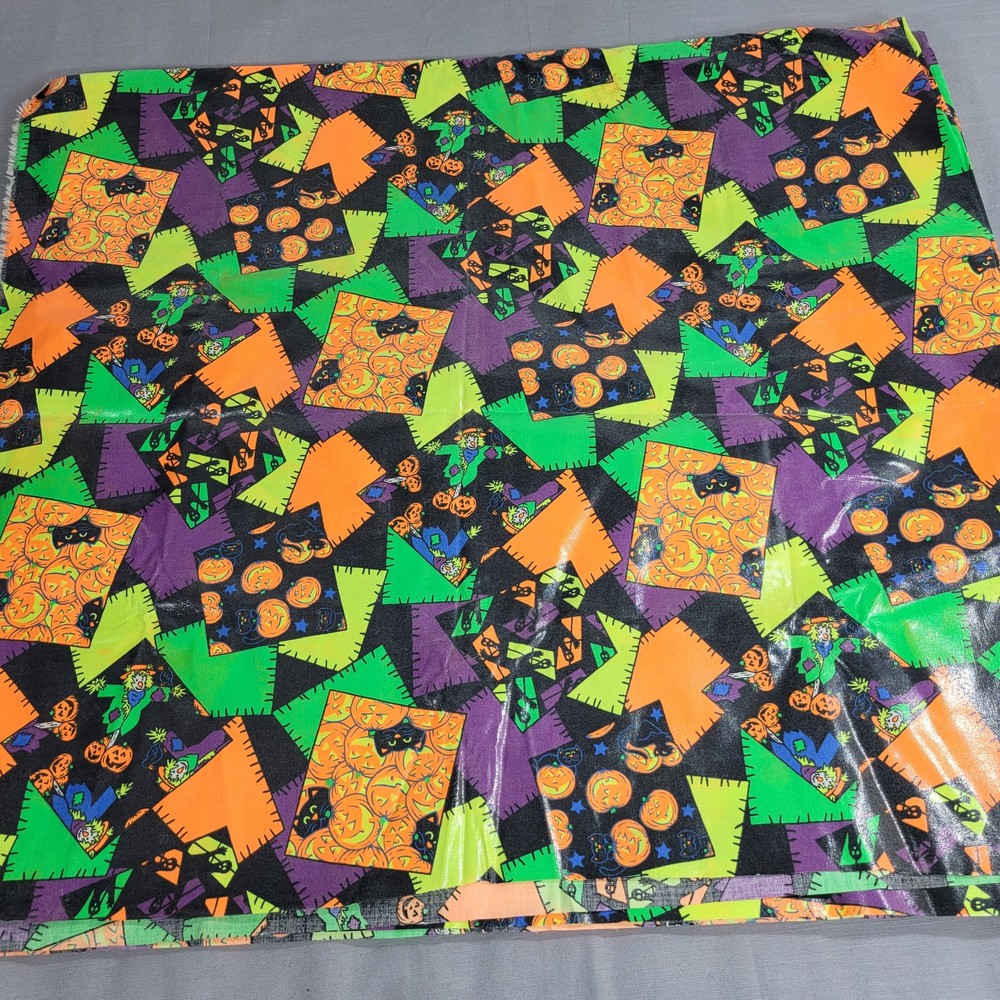 RARE Vtg Wamsutta Hallmark Cards Halloween Oil Cloth PVC Fabric 58″X106″ Neon
