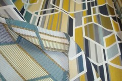 1 of 12 yds MAHARAM Fabric Agency Citrus Geometric Upholstery Blue Gold 54″w bty