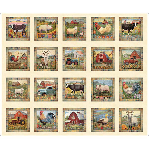 Farm Rooster Barn Fabric 36″ X44″ Panel Heartland Farm Cream Ecru Cotton by QT