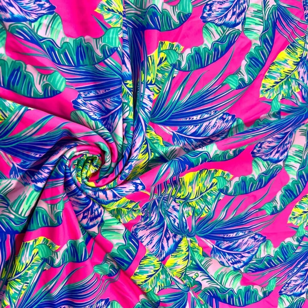Blue Leaves Hot Pink background Print Nylon Spandex Fabric 4 Way Stretch