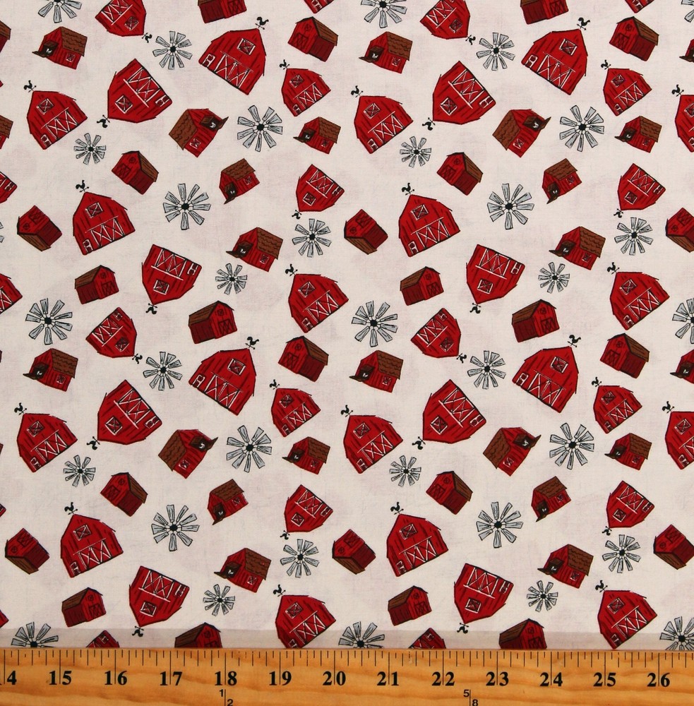 Cotton Farm Livin’ Barn Toss Barns Windmills Fabric Print by the Yard D363.55